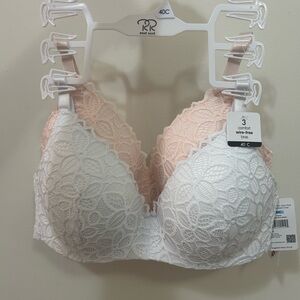 Lace Wire-Free Bra Set - White and Pink